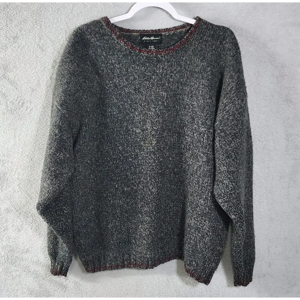 Vintage Eddie Bauer Mens Wool Sweater Dark Grey Red Trim Size XXL